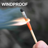 Windproof, photo shows lit match held between fingers